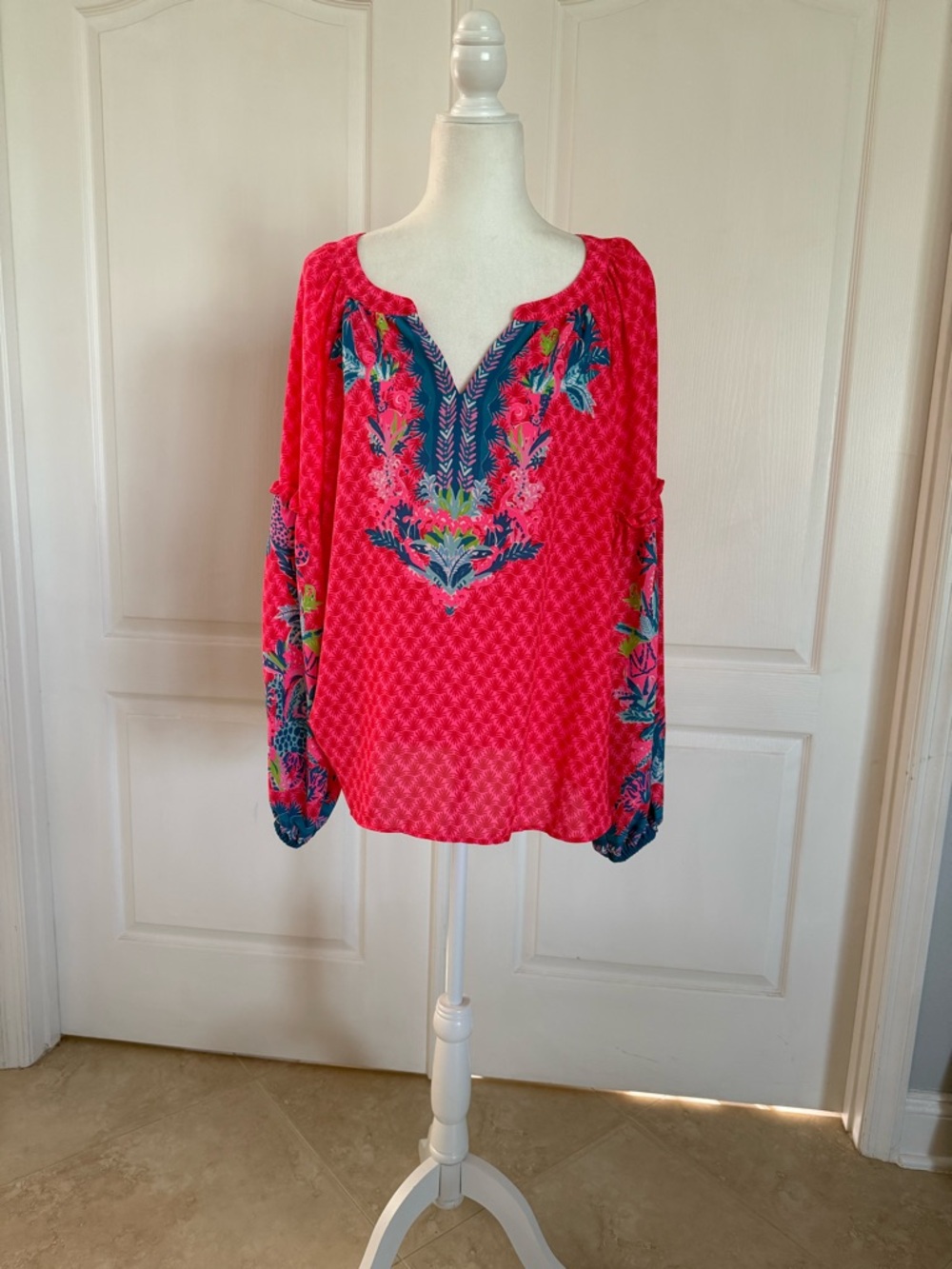 Lilly Pulitzer Hot Pink Floral Embroidered Peasant Tunic